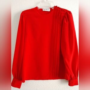 Vintage Nipon Secretary Blouse Red Long Sleeve Pleated Modest Size 4 Chest 32"